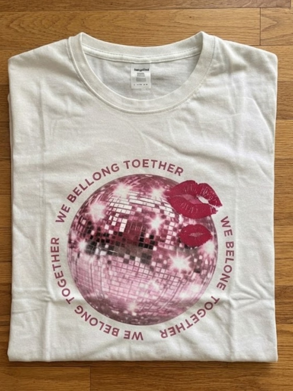 We Belong Together Pink Disco Ball Lips Typography Vintage White T-Shirt